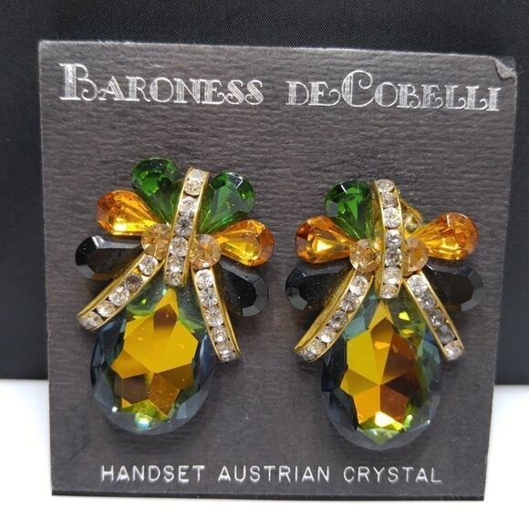 Vintage Austrian Crystal Handset Clip Earrings, New on Card, 1 7/8 Inches - Picture 2 of 5